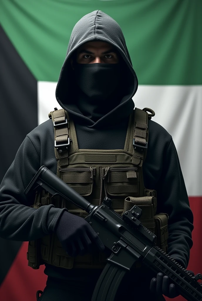 A mujahid holds a weapon and there is a Turkish flag, a Palestinian flag, a Hezbollah flag, an Iranian flag, a Yemeni flag