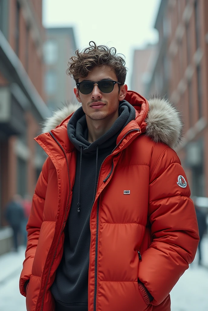 (silver_hair:1.1),handsome male,beard,(oversized orange coat:1.1),abs,winter,snow,