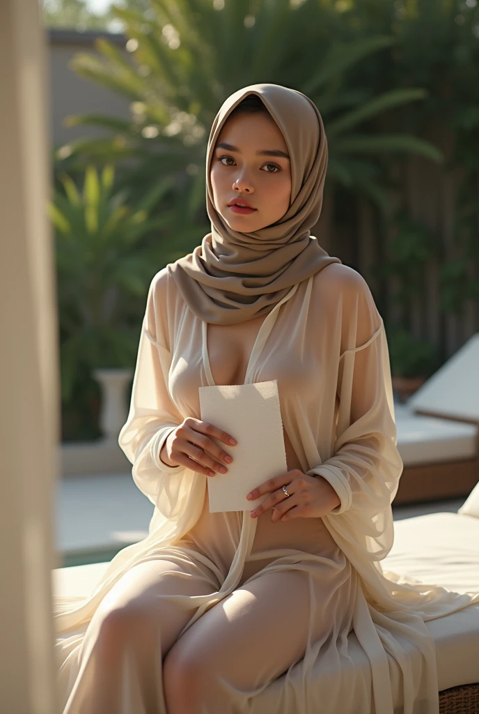 cleavage, RAW, Best quality, high resolution, Masterpiece: 1.3, Beautiful glasses hijabi java girl, Masterpiece, Soft smile ( perfect big breast), uncovered breast, Fully naked, ((spread leg showing vagina)), showing pussy, spread legs, open leg, perfect vagina, sensuality pose, sensual position, sexy pose, (showing vagina). Perfect vagina