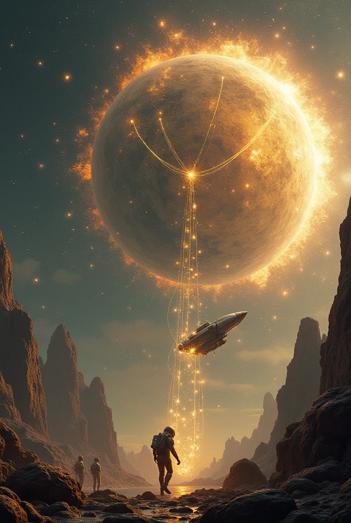 deep and vast space with distant stars and colorful nebulae in the background . at the city centre, the Catalyst — a giant translucent sphere with pulsating gold and silver lights — is collapsing, with chaotically rotating metallic rings and beams of energy expanding . Elias floats in a damaged spacesuit , holding a brilliant technological device , your expression reflecting determination . In the background, Anaya and Mira observe in space suits near the Nomadic ship , that It hangs with flashing lights and protective beams emitted towards the Catalyst . Energy wires from the Catalyst connect to Elias's device , creating a burst of golden light . A disordered asteroid field encircles the scene , increasing the sense of danger. The atmosphere mixes heroism and emotion , with intense lighting and contrasting colors highlighting personal sacrifice amidst the vastness of the cosmos .
