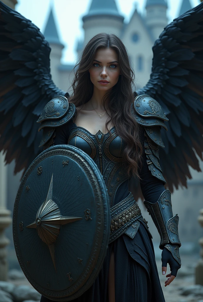 A wallpaper with a female warrior angel, with a dark background, and a sword in hand