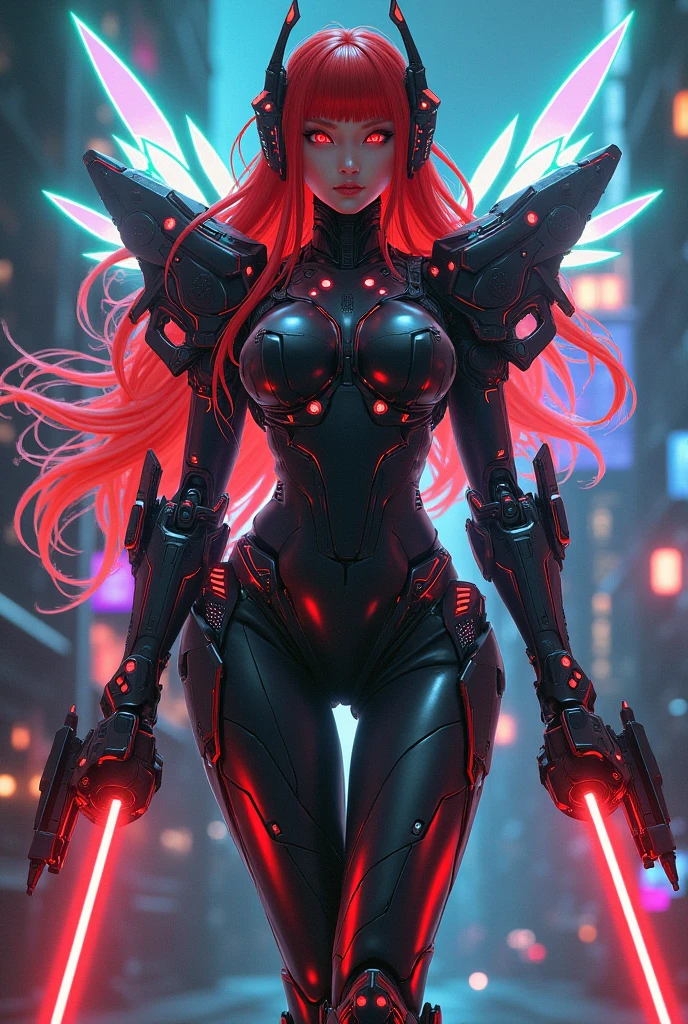 a ultra beautiful girl, with a (black techno fantasy armor) and a great sword in the back, cute, 12k, uhd, photorealistic, (red neon lights), (black short hairs), ((european race)), (ultra beautiful gorgeous realistic), naked belly and (naked arms)