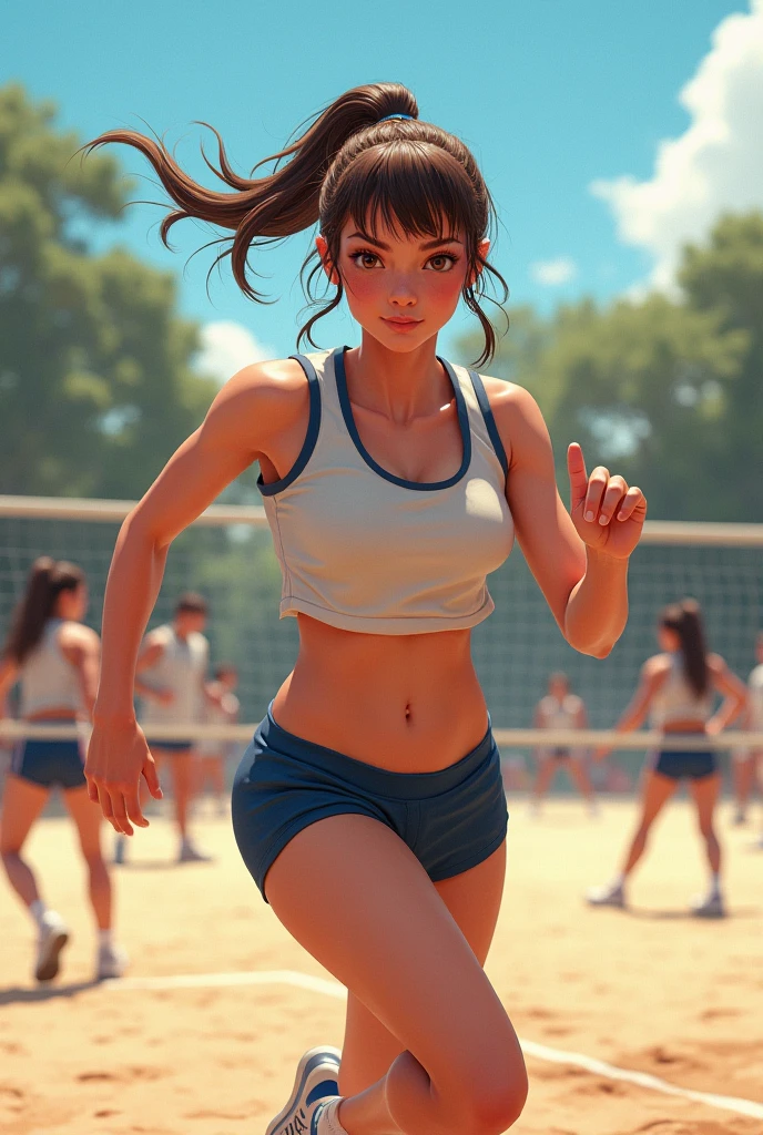 Track and field club、Female university student、1、Japanese、Cute face like an idol、Track and field clubユニフォーム、Sweating、Uniforms that expose a lot of skin、sexy、ponytail、I have a little muscle、The abdominal muscles are lightly cracked、Realistic images、(best quality,4K,8k,highres,masterpiece:1.2),ultra-detailed,(realistic,photorealistic,photo-realistic:1.37),HDR,uhd,studio lighting,ultra-fine painting,sharp focus,physically-based rendering,extreme detail description,professional,vivid colors,bokeh,cinematic lighting,dramatic shadow、High resolution, High-resolution model, Retina, Textured skin, Ultra high definition, accurate,
