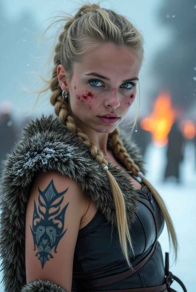 A fierce Viking woman in a frozen and dramatic setting, with blonde ...