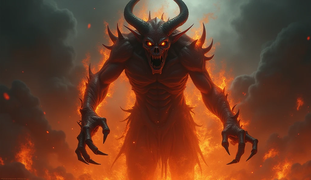 A demonic figure emerging from a wild, hellish inferno, with flames roaring around it, consuming everything in their path. The ground cracks and lava flows as the beast unleashes its wild, destructive power upon the world. (high resolution, ultra detailed, 8K, dynamic lighting, high contrast, cinematic composition, dark atmosphere)