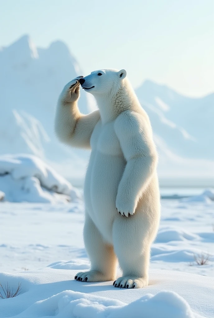 ((Polar bear stands looking at the sky Medium muscular, frozen planet setting, snowstorm , zoomed in on crotch, , chunie, darkgem, He uses an old, torn blanket made of animal hide as a garment for his body.))