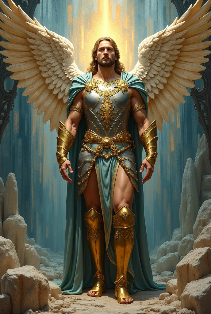 (masterpiece) create a ultra realistic Portrait of a strong and handsome male winged god. The god should have a confident and powerful expression on his face, with piercing eyes that convey his strength and wisdom. His hair should be long and flowing, and his skin should be smooth and flawless.As for clothing, the god should be adorned in regal and luxurious greek like garments, perhaps with a long flowing cape that billows behind him in the wind. He should be carrying a weapon of some sort, perhaps a sword of light or a spear of fire, to signify his strength and power. The overall mood of the image should be one of awe and reverence, with the god depicted in a majestic and god-like manner. The background of the image should be epic and grand, perhaps with clouds or mountains in the distance to further emphasize the god's divine stature. The final image should be awe-inspiring and leave the viewer in no doubt of the god's power and majesty. 3d render, octane render, cinematic, trending on artstation | Isometric | Centered hipereallistic cover  photo awesome full color, ,  hand drawn, dark, gritty, realistic  mucha, klimt, erte .12k,  intricate. hight definition , cinematic,Rough sketch, mix of bold dark lines and loose lines, bold lines, on paper , full body with silky dress, humanoid, Full body