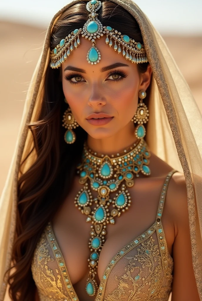 girl in front of giza pyramid, BREAK, 1girl, detailed face, cleavage, super details intricate embroidery, pakistani traditional wedding dress, veil, wedding jewelry, decorated necklace, cluster wedding statement earring, long eyelashes, full breasts, huge breasts, natural light, brown hair, blue eyes, sad and serious expression,