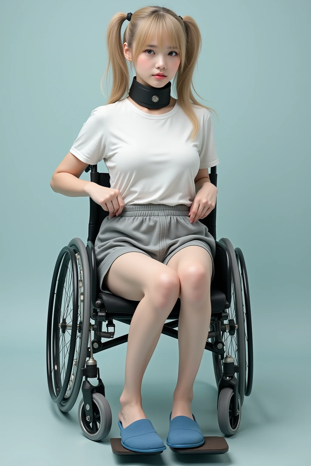 arafed woman in a wheelchair with a cast on her neck, prostheses, artificial limbs, beutiful white girl, prosthetics, big belly, big breasts, diapers
