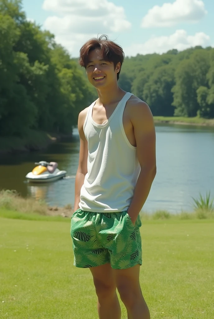 A very attractive 25-year-old boy in short shorts and a crop top, in his garden, on a summer day, photograph taken by his family in 1985, amateur photo, grainy, vintage, color and light treatment