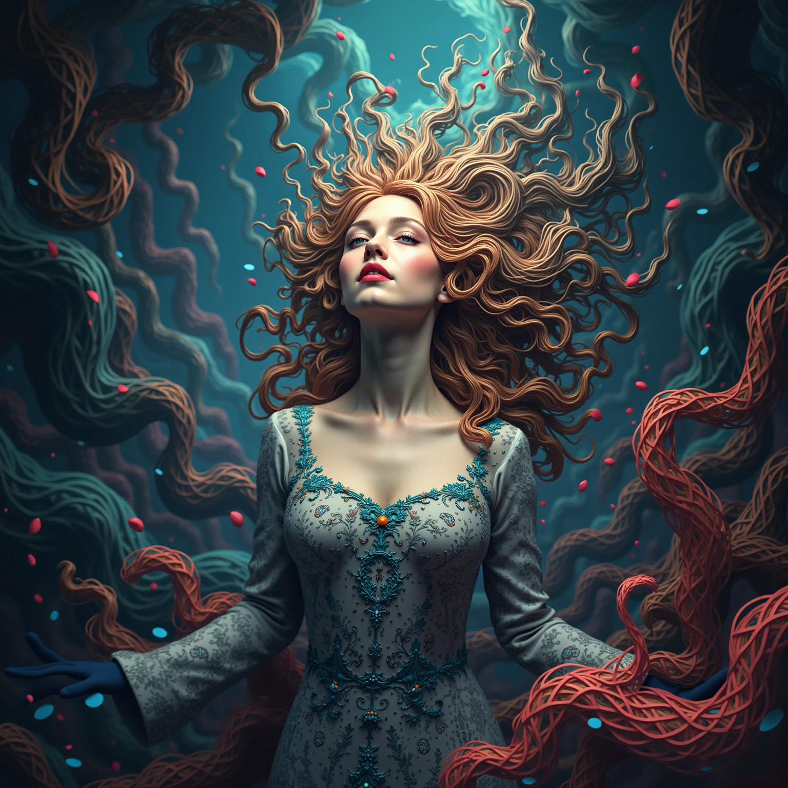 in the dungeon,Small space,Covered with tentacles, Tentacles around the body, many tentacles, Fine details,Tentacled,Tied with tentacles,- I will be vaginal shot,drooling,Crying,Detailed body,Full limbs,s girl