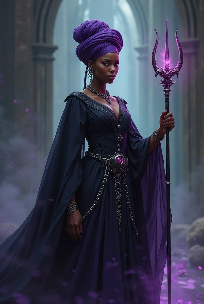 enchantress, skin black, afro, purple and navy blue velvet dress, shining stones, magic stick
