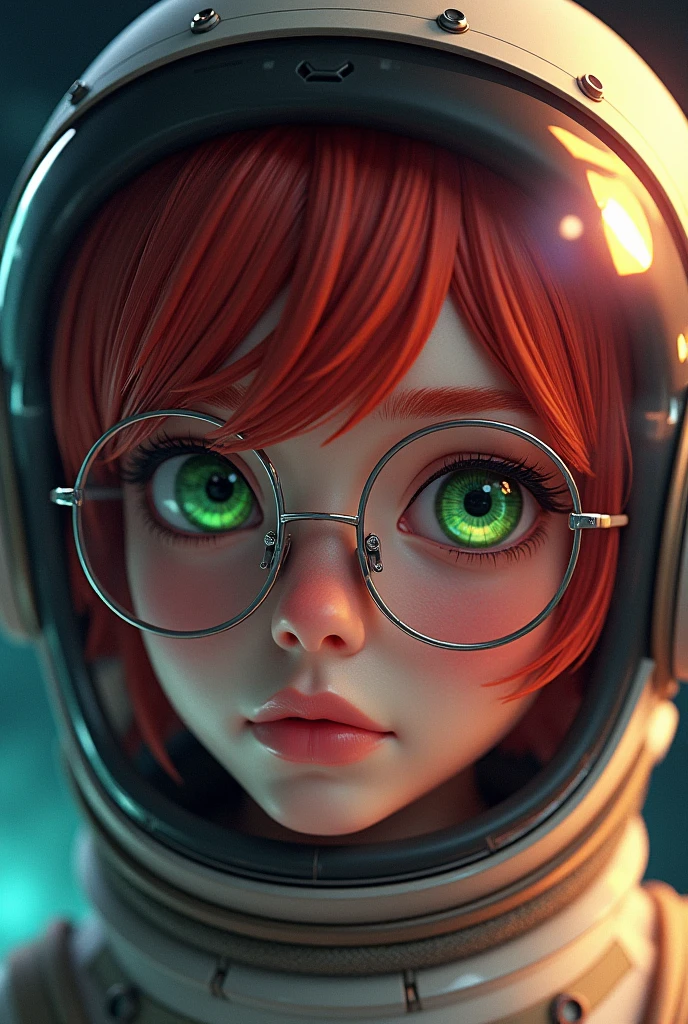 close-up . Short, red hair, green eyes, metal-framed glasses, A girl wearing a spacesuit helmet against the background of the universe. ( masterpiece, top quality, Better quality , official art , beautiful and aesthetic:1.2), extremely detailed ,( fractal art :1.2), Colorful ,The most detailed. (( skin texture , shiny skin . elegance. photorealism . unreal engine . 3d Model. Ultra high quality textures. high detail. 8k resolution))