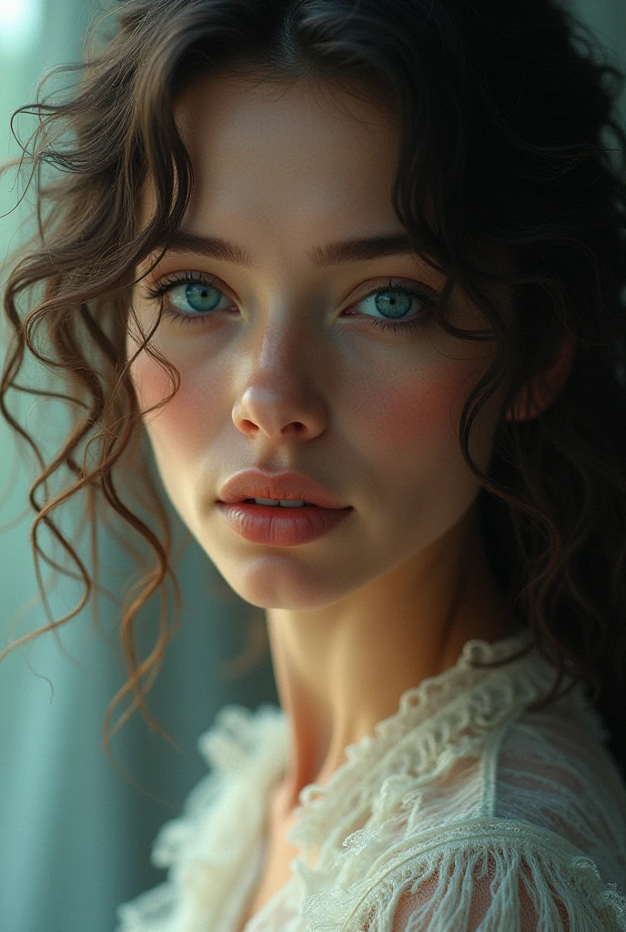 A woman with curly hair and blue eyes