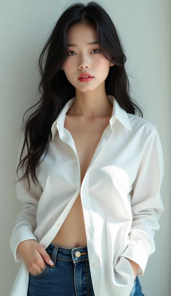 arafed asian woman in a white shirt and panties leaning against a wall, korean girl, korean woman, beautiful south korean woman, calvin klein photography, her belly button is exposed, korean women's fashion model, gorgeous young korean woman, inspired by Kim Deuk-sin, photo of slim girl model, sakimichan, thin waist, taejune kim, light black hair