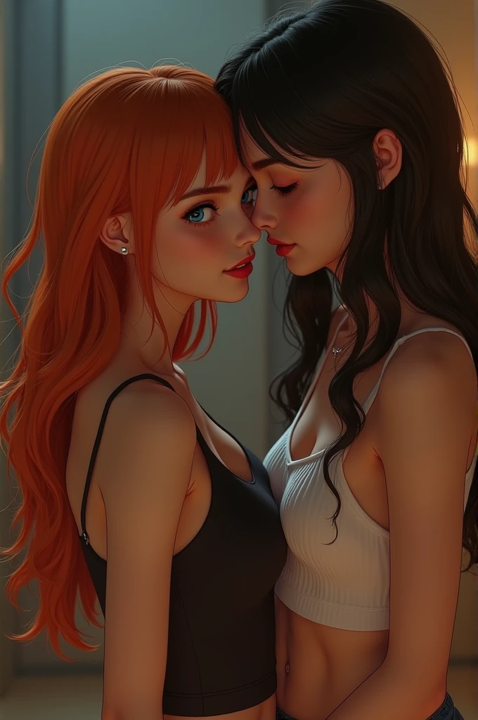 1girls, (multiple girls), natural lighting, masterpiece, highly detailed, illustration, game CG, absurdres, high quality, beautiful detailed eyes, glossy lips, natural lighting, medium breasts, redhead, bangs, green eyes, freckles, (looking at each other), lingerie, (mother and daughter, MILF and teenager), (kiss)
