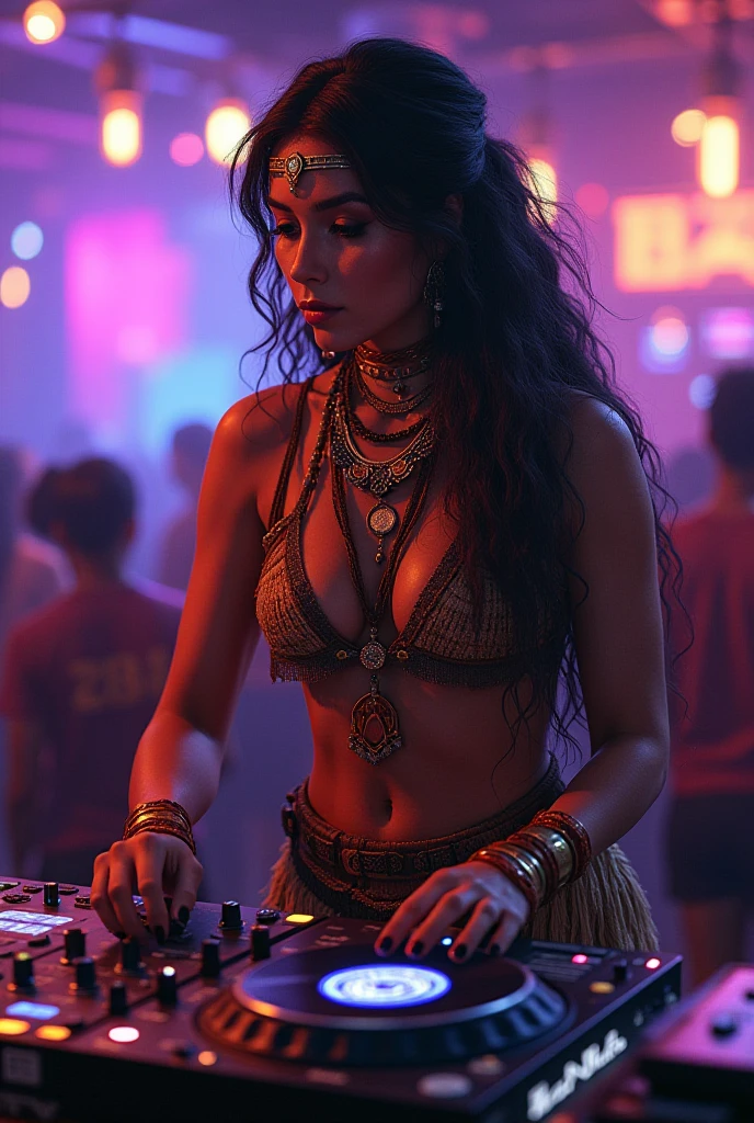 "A solo shot featuring PocahontasWaifu
tribal, dress a DJ, showcasing her skills on the turntables at a vibrant rave."
