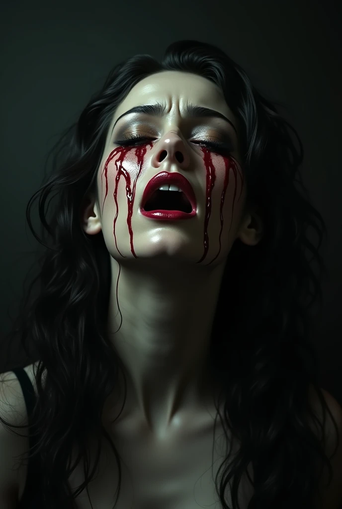 An album cover for a Deathcore band with the text “HopesHeart” at the top in the center. the text “I Don’t Deserve That” at the bottom in the center . In the background is a beautiful model crying tears of blood