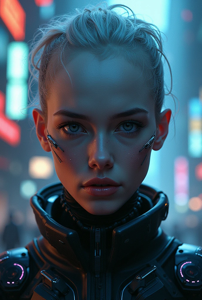 android blue eyes more realistic and more beautiful wearing modern clothes super armed background of a futuristic city