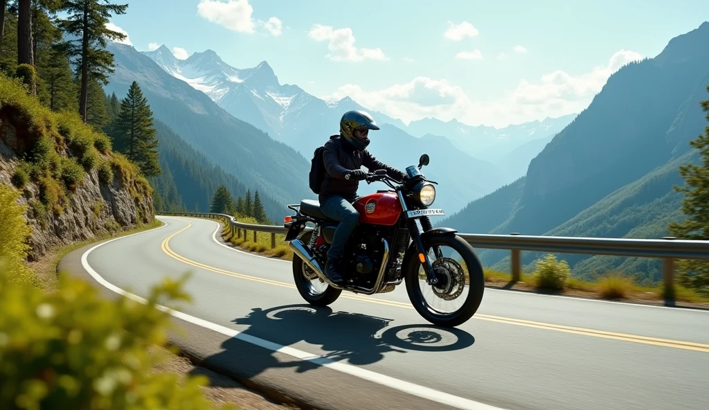 A masked rider on a motorcycle is running through the wilderness