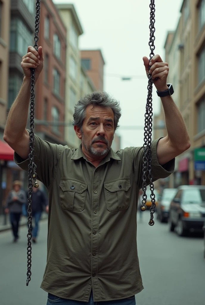 Man on the street holding chains in his hands one up and the other down the chains are a cat's collar as if it were a pet