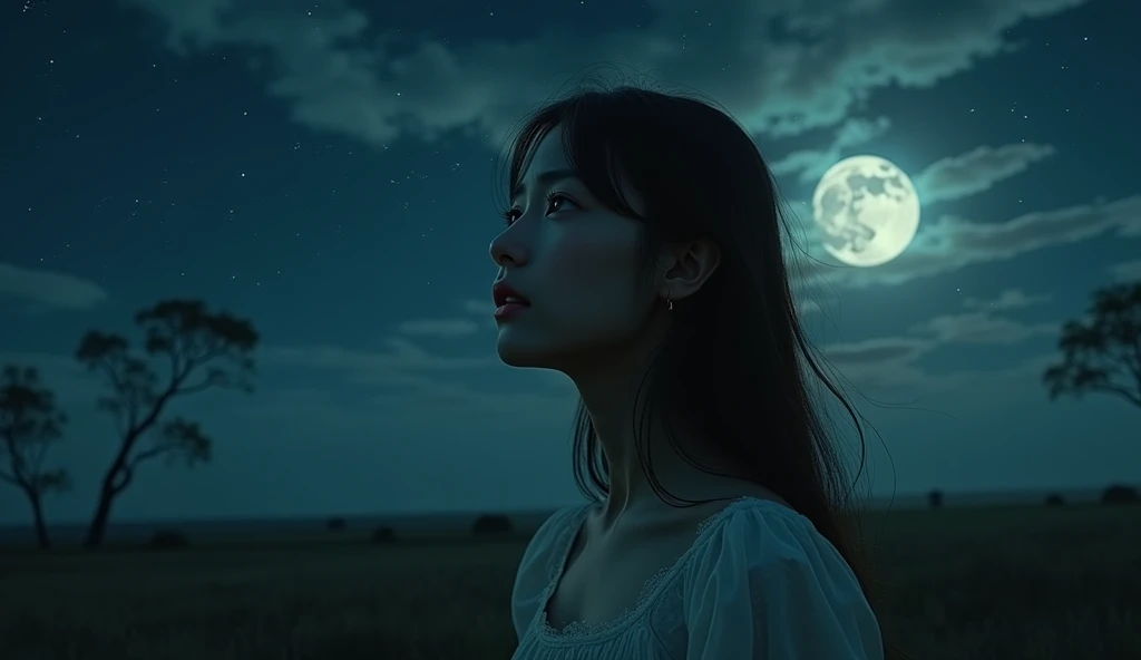 "A close-up image of a young woman standing under the moonlight, her eyes filled with tears, gazing at the stars in a dark and empty night sky. The atmosphere is melancholic, capturing the essence of loneliness and longing. She wears a delicate, flowing dress that moves gently with the breeze, and her hair reflects the soft glow of the moon. The background features a serene but somber landscape, with faint silhouettes of trees and an expansive sky dominated by the glowing full moon and scattered stars. The overall tone of the image is emotional and deeply moving, perfectly aligning with the themes of heartbreak and yearning."