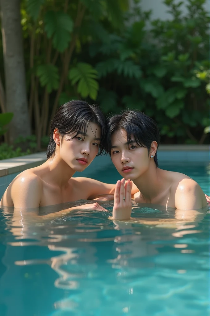 two man with realistic tied black hair, kissing, handsome, strong, Muscly, Husky, Fit, realistic short bangs, exactly the same hairstyle, realistic Korean handsome face, realistic sharp eyes, realistic cool expression, topless, white jockstrap, summer, Wet body, in water