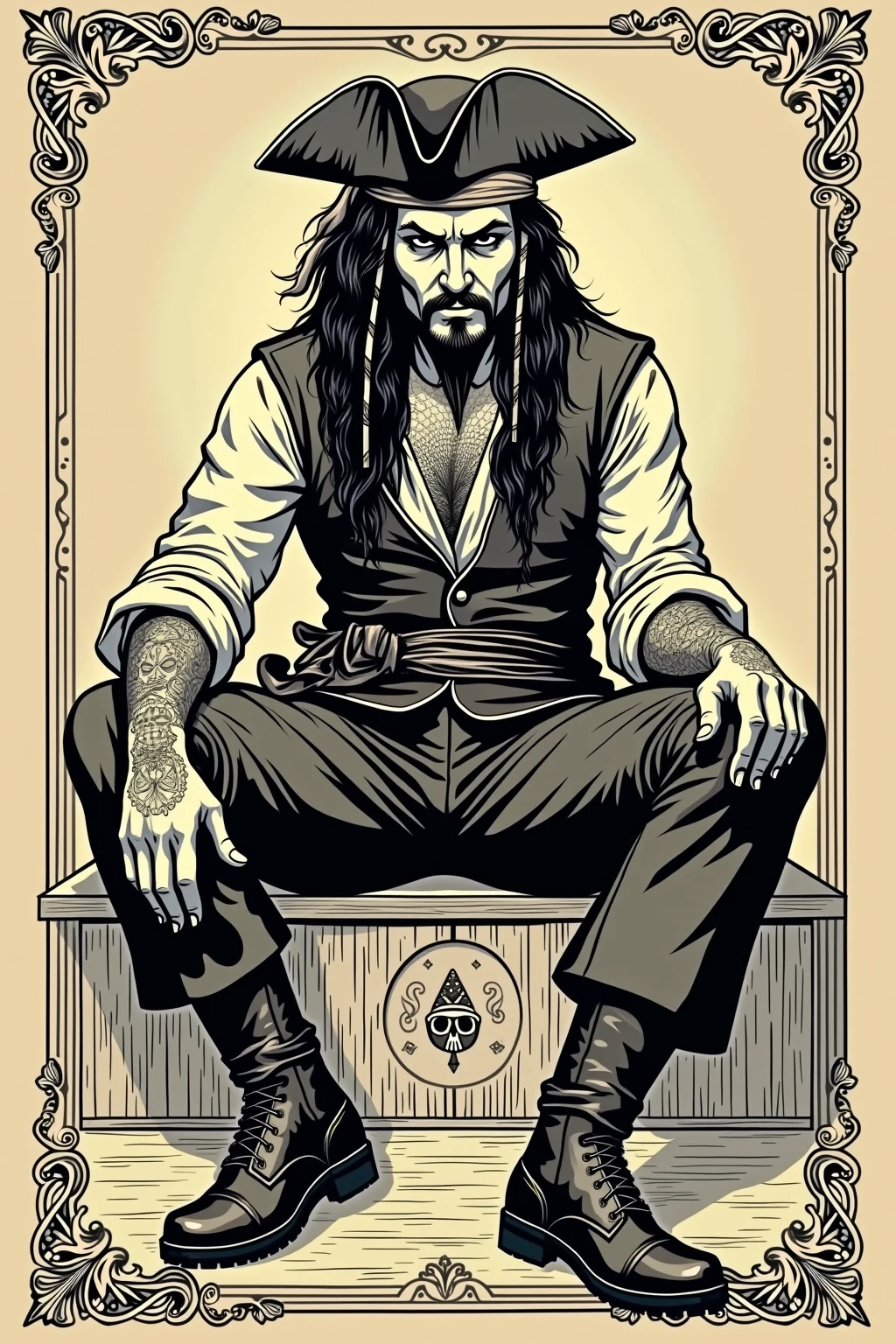 tarot card, the drunken reaper. He sits in tawern. Beer. dirty rug