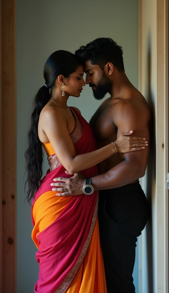 Newly wed indian couple, hot curvy south indian thick milf with single plaited hairstyle, big breast, big hip, big ass, thick thighs, woman wearing satin saree, cleavage, indian couple, very short indian brown man with buzz cut, very big muscular body and beard, man wearing shorts, woman with man, couple in a big bedroom, high resolution, looking at camera, tall woman and short man, close-up potrait, Closed Mouth, serious face, man pulling woman pallu,