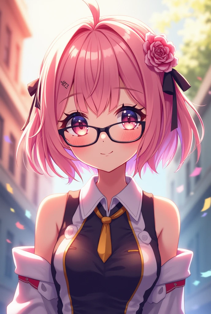 sae, sae (vtuber), slime girl, ((slime hair)), 1girl, breasts, solo, bow, pink hair, ahoge, glasses, smile, medium breasts, black bow, short hair, blush, shirt, open mouth, bowtie, black bowtie, looking at viewer, monster girl, outdoors, field, trees, short sleeves, collared shirt, pink eyes, round eyewear, upper teeth only, anime teeth, suspenders, purple eyes, white shirt, high-waist skirt, ;d, purple hair, multicolored hair, skirt, hand up, bangs, <lora:Sae:0.7>, upper body, ((detailed background)),