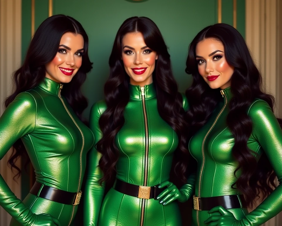 group of sisters, MILF, mexican, BBW, photo vintage, visage feminin parfait, cheveux tres LONG, tache de rousseur, 1975, big huge breasts : 38H, front VIEW, ( LIGHT GREEN latex suit, BIG CLEAVAGE, BEAUTIFUL EYES, BEAUTIFUL HANDS, LIGHT SMILES, PERFECT FACE, perfect eyes, , tres long décolleté, (LIGHT GREEN background color) , aroused, group sisters, mode, 4 sexy girls shot, (4 digits per hand, ) EROTIC, PERFECT FACE, DEATIALLED FACE,