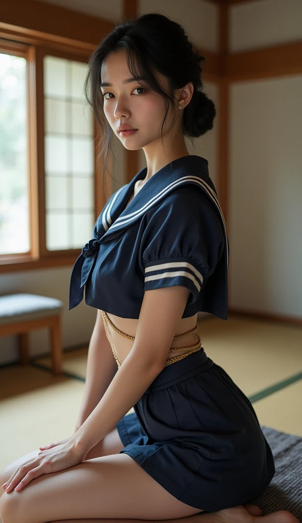 sailor uniform, bound, (Highly detailed CG Unity 8k), (Highest quality)，(Very detailed)，(Ultra-high resolution), 1 female, uniform, ((Sailor suit)), ((Rope Bondage)), Tying up a woman&#39;Bind the chest with a rope, Use a rope to pull your hands back, Legs with rope, Tie your thighs with a rope, tying one&#39;s feet with rope, ((Tie your wrists behind your back)), Ankle binding, gag, Navy Blue Skirt, Black Hair, Bobcut, BDSM, Bust Shot, ((White headband)),