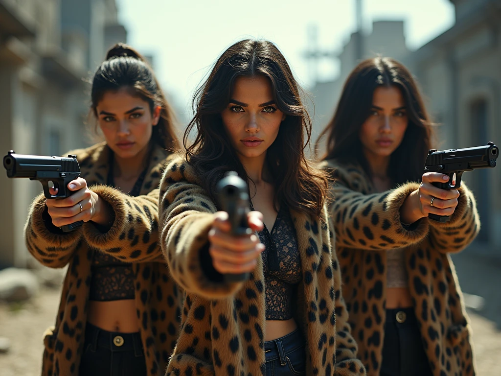 photo realistic , three 21 year old egyptian women, holding guns, full body in frame, smirking, full body image, two tone yellow and black satin bomber jackets fully zipped, , satin cheerleader skirts, with pistols guns on holster, walking up to a front porch in a rural neighborhood,, long hair, evening lighting.