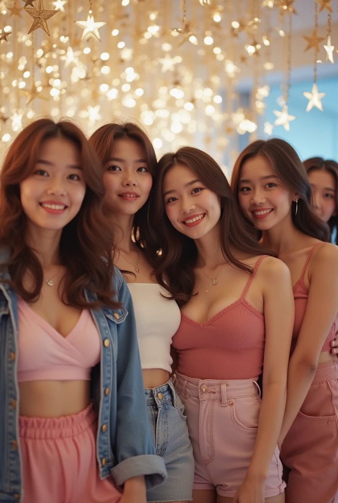 masterpiece, Better Quality, hight resolution, ((Photorealsitic:1.4, Raw photography, ultra high resolution,Top image quality: 1.4)), ((Do not split)),((upper body 1.5)), Beautiful detailed eyes, Natural Color Lip, ((Random Age)), ((A big smile:1.5)), ((Random and cute curly hair)), ((Random breast sizes from large to medium:1.3)), ((random clothes:1.6)), ((peer in from below)), ((Hotel)), ((Random and cute facial expressions)),, ((3 girls, Three people standing side by side:1.5)) very detailed and professional lighting, ((Random and cute facial expressions:1.5)), ((Waki Display:1.5)), ((I'm showing off my waki:1.5)), ((thigh visible:1.5))