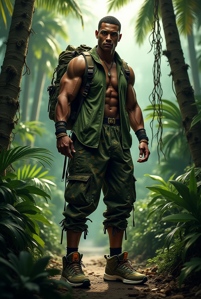 A naked upper body in the middle of the jungle,Male soldier in camouflage pants