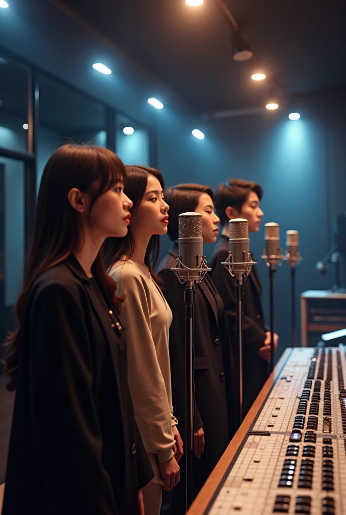 2 girls singing and posing inside a music studio , Wear Vietnamese Ao Dai, High quality photos, HD, 4K