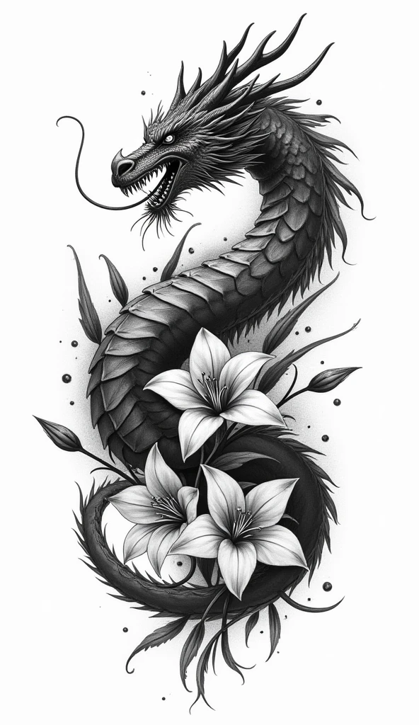 A colorless tattoo where you can detail bamboos along with a dragon and the Japanese-style hell flower