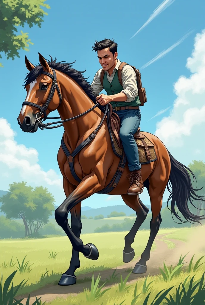 A chubby, brave and determined 8-year-old cowboy riding his horse through the middle of a lush green forest. He wears a cowboy hat that protects his face from the sun, a shiny knife fastened to his waist, ready for any challenge that may arise. His gaze is one of confidence as he guides the horse with skill and dexterity. At his side, an orange-haired dog accompanies him loyally, ready to assist him in his adventures. A detailed illustration, with bright colors and soft strokes, capturing the energy and determination of the cowherd and the beauty of the forest that surrounds him
