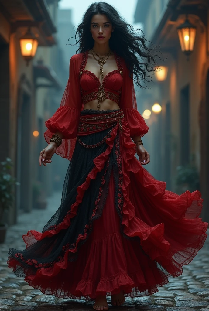 Beautiful gypsy; long black hair; wearing a red and gold dress; barefoot; laughing; night street scenery in the background