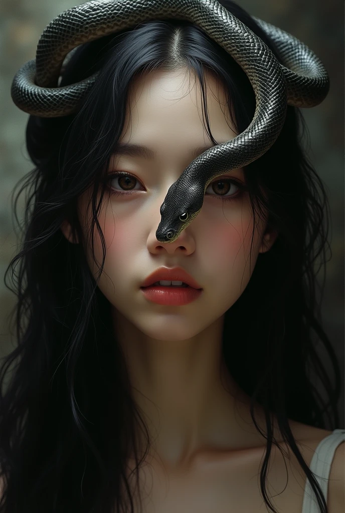 una mujer con una serpiente en la cabeza y una serpiente en la cara, sus muchas serpientes como cabello, Dama con cara de serpiente, with serpientes para el cabello, foto de retrato de , Mujer serpiente, reina de las serpientes,  modelado, hermoso y aterrador, por Hedi Xandt, serpientes para el cabello, dark reina de las serpientes