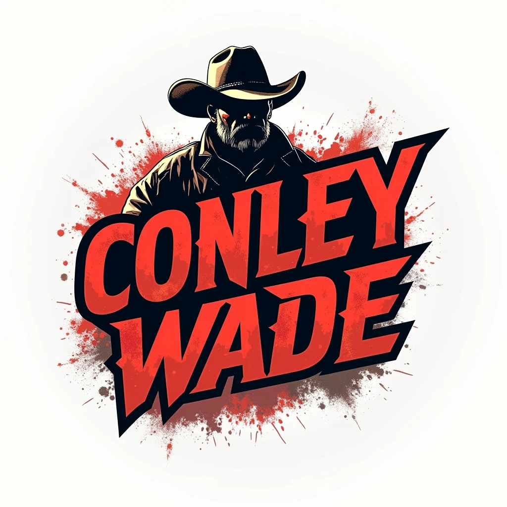 CONLEY WADE, Red letters, cowboy logo, name lining Black, white background