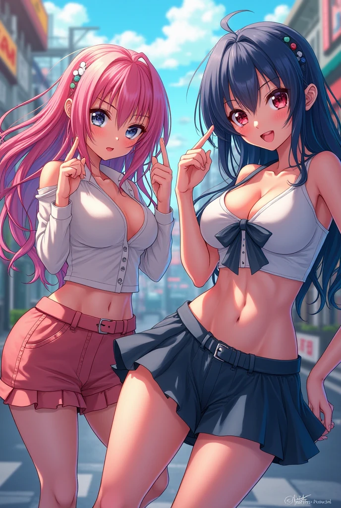 ​masterpiece, 1girl ((20year old, Black short sleeve hoodie exposes navel, tight blue jeans, medium breasts, multicolor pink hair, twin ponytails, green eyes, flirting, happy, big smile, headphones, walking in a street at night, very scary and abandoned old Victorian styles homes, dark and spooky, creepy Halloween atmosphere))