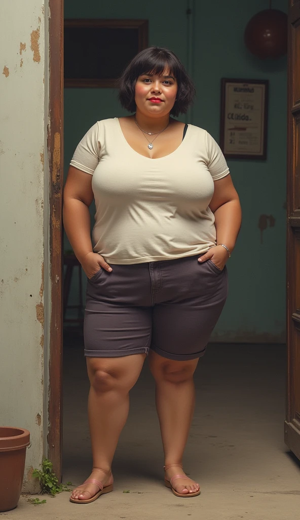 1 girl, solo, Caucasian, Old woman, mature, her name is Sophia, ((consistent face and image)), (((60 years old woman))), (((wrinkles))), ((long red hair)), ((fair skin)), ((round face)), ((short roman nose)), ((brown plump lips)), ((full body)), ((half body shot)), (((sexy and chubby body))), (((wearing shorts and blouse))), (at Portugal), smirk, ((summer season)),