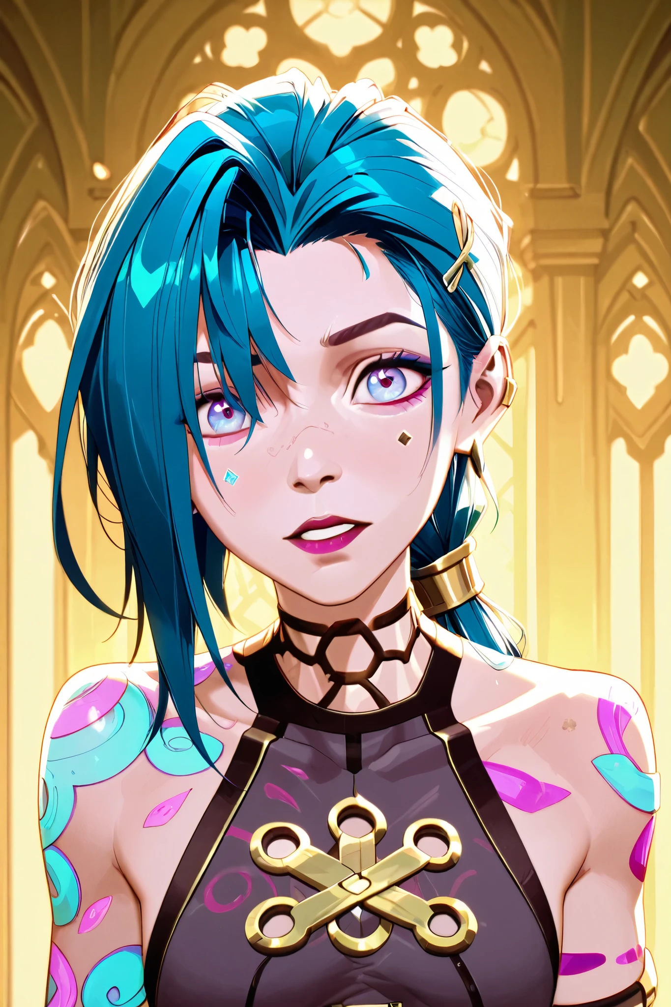 Créez une description créative et ludique d'un personnage inspiré du concept de « Nude Jinx » d'Arcane, une représentation sexy et séduisante tout en mettant l'accent sur ses traits de personnalité, her style and the way she interacts with the world around her . Emphasize her playful nature , her vibrant energy and her unique fashion sense in a light and artistic way.. Make sure the description highlights its role in the story with explicit content.