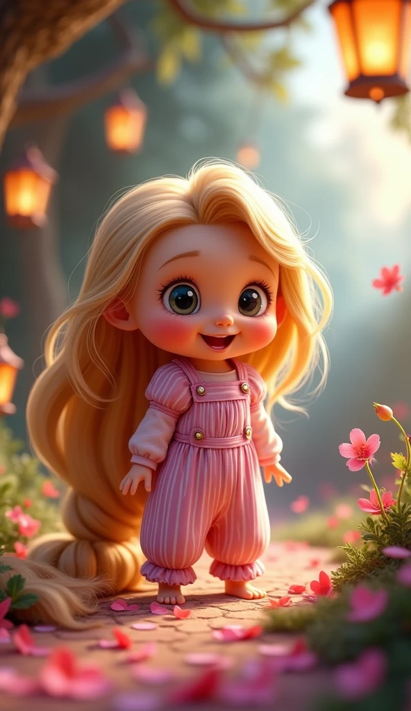 cute baby chibi girl blonde hair, flower in head, white and pink background, smiling happy, blue eyes, big eleyelash, rosy cheeks, blue shoes