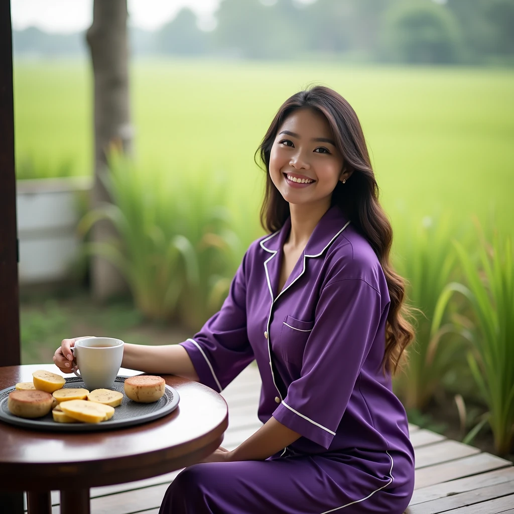 professional photography showing a beautiful Indonesian woman with long flowing hair wearing purple pajamas, has a slightly chubby body posture sitting on the terrace of the house enjoying breakfast she poses very charmingly and smiles in the background of the terrace there is a table, a cup of tea, boiled cassava, there is a rice field, morning atmosphere in the rice fields, elegant realistic full body design