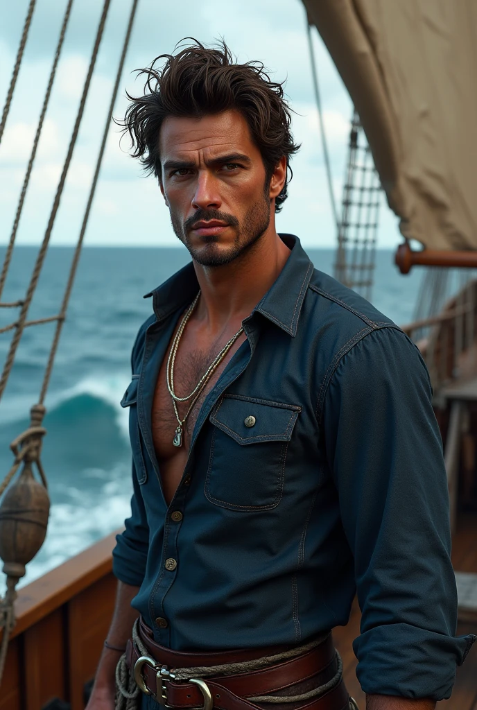 Usopp one piece is a 25 year old man, in a ship, thin, tan-skinned with medium curly black hair, wearing, prominent lips and a long nose, sea
