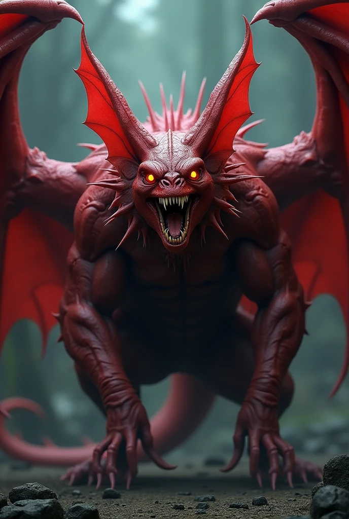 a monstrous orc with a pig's snout, wolf ears, devil wings, green to red gradient skin, detailed face, muscular body, fierce expression, clawed hands, fantasy, dark, digital painting, cinematic lighting, highly detailed, 8k, photorealistic