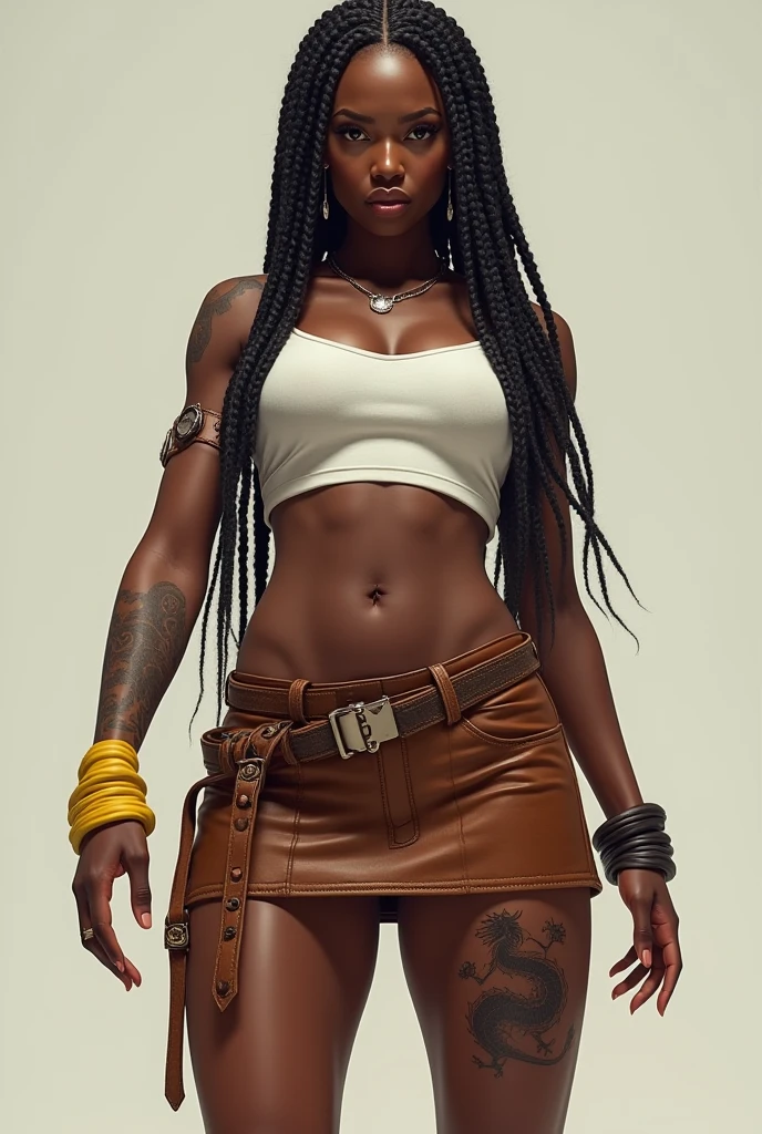 obra prima ,Ultra realista, Foto realism , Beautiful black woman , wet lips , olhos castanhos , cabelo castanhos compridos , soltos ao vento , coxas musculosas , corpo inteiro , ((1 tatuagem na lateral da perna , tatuagem tribal )) , pele muito detalhada , sexy position , vestido dourado , (( vestido estilo grego dourado )) , brilhante , tudo detalhado ,fundo estatuas feitas de ouro , Amanhecendo , PECADO , luxuria , strong illumination , marcante , 8k