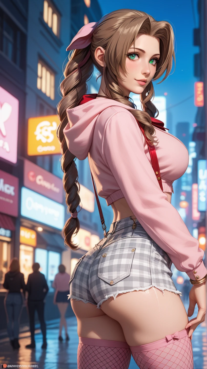 (Browsing Caution:1.4), (An adult woman is walking down the street:1.3), (Adult women:1.3), whole body, Sole, (masterpiece, highest quality, High resolution, 超High resolution, Perfect Pixel, Depth of written boundary, 8K, RTTX 10.0), Cinema Lighting, Best Shadow, The best natural light, Cinematic, ((Smooth texture:0.75, Realistic texture:0.5, Anime CG Style)), Beautiful Anime Women, Beautiful art style, Anime characters, ((Detailed face:1.2)), (Brown Hair, Side Ponytail), Slender body,Beautiful thighs, ((Pink ribbon, sweater, Off the shoulder, Checkered Skirt)), (shiny pink satin panties:1.3)、(Horizontal lace panties that cover the butt:1.1), Embarrassed expression, Surprised expression, (A strong wind from below is blowing her skirt up:1.3), look back, Realistic, Angle from behind, Filming consensual sex with a woman
